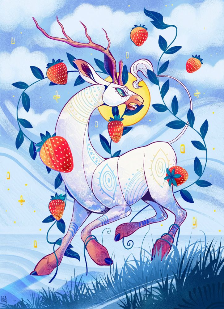 Illustration of a white deer with strawberry vines entangling it’s body. Seven red strawberries float around it.