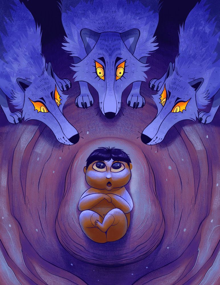 Illustration of an Indian baby laying on a rock, while three purple wolves look down on him with curiosity.