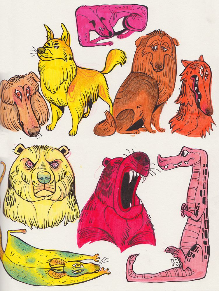 A sketchbook page with nine animal drawings. five dogs, one crocodile, two bears, and one rat drawing.