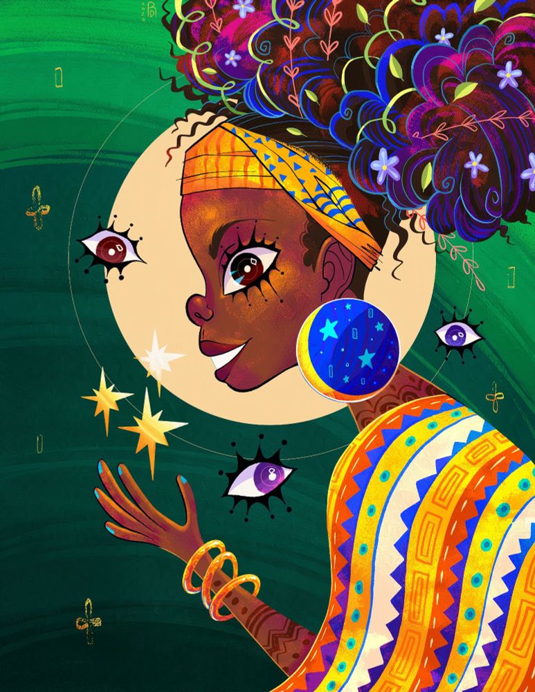 A black woman with an afro and moon earrings holds powerful shining stars in her hands.