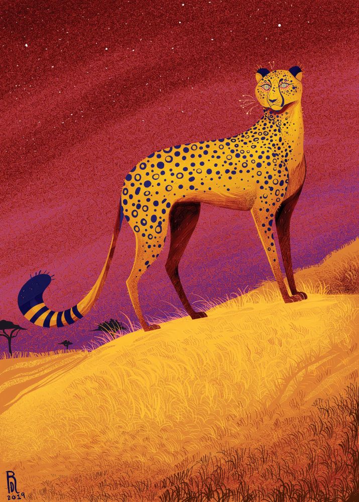 Illustration of a orange cheetah watching the sunset.