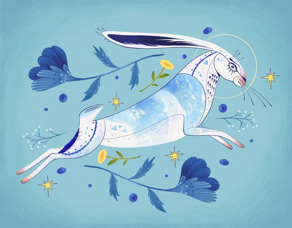 Illustration of a white rabbit hopping amongst blueberry bushes, blue flowers, and dandelions.