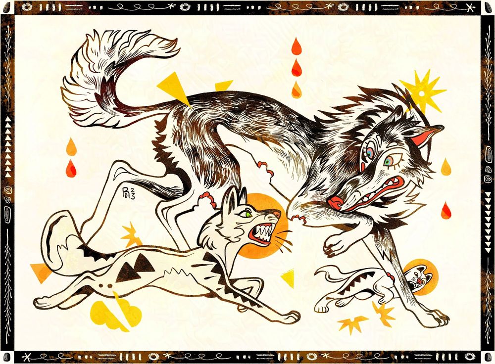Black and white Illustration of a wolf, fox, and a small dog. The small dog and fox bite at the wolf’s ankles, taking small chunks out of it. Red, yellow, and orange abstract shapes surround them.