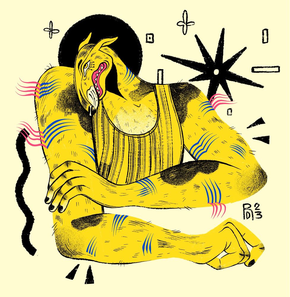 A yellow dog wearing a tank top has its stress peeling off its arms. shown in the form of scratches.