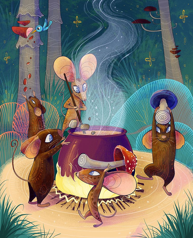 Four mice and a hummingbird prepare a feast of mushroom soup.