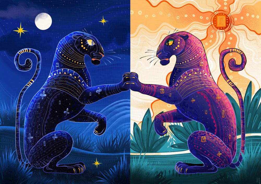 Illustration of a black panther under a moon, and a purple panther under the sun touch paws. Merging their two worlds.