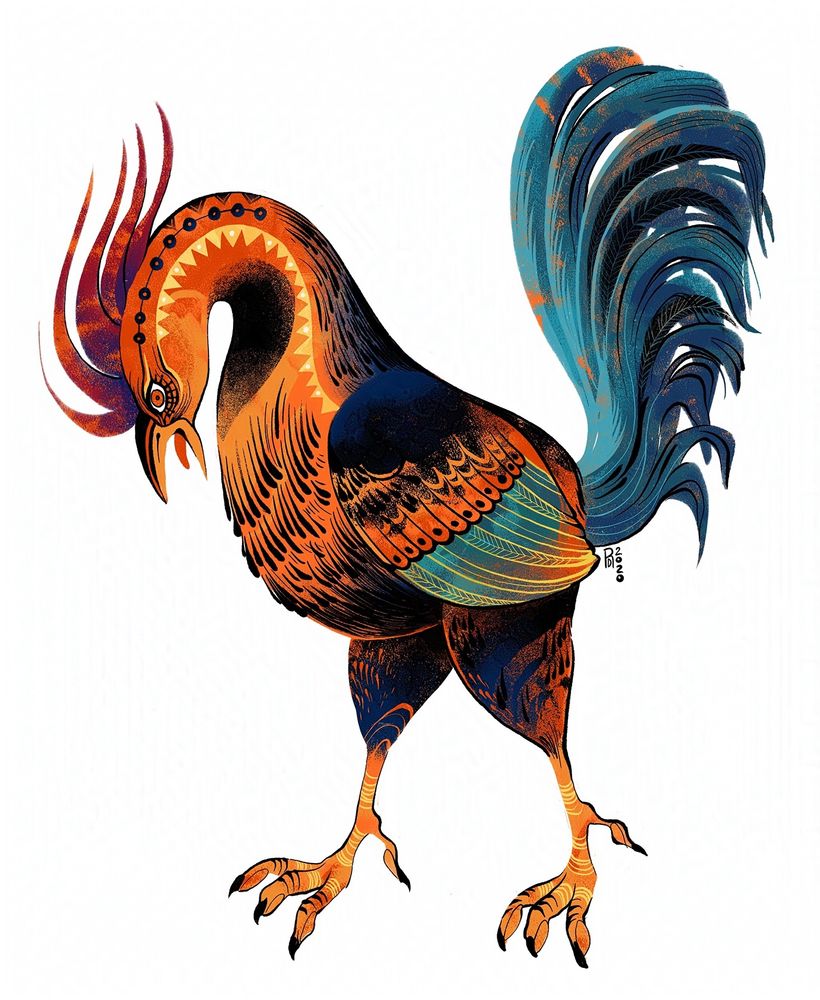 Illustration of a large orange rooster with green and blue plumage.
