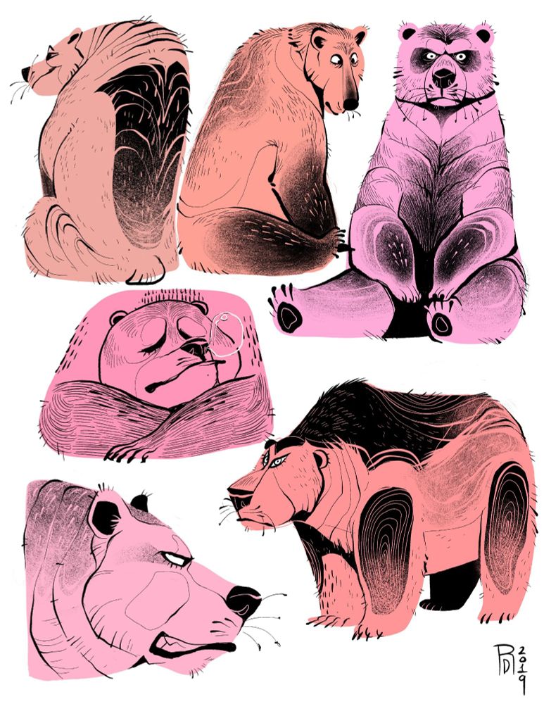 Digital character designs of six pink bears.