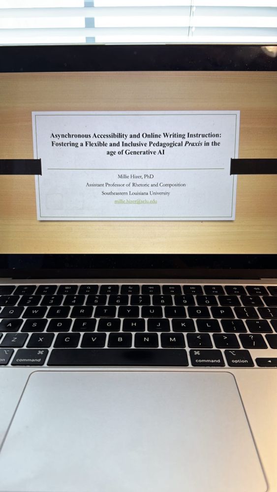 Image features a PowerPoint screen with the title “Asynchronous Accessibility and Online Writing Instruction: Fostering a Flexible and Inclusive Pedagogical Praxis in the age of Generative AI.”