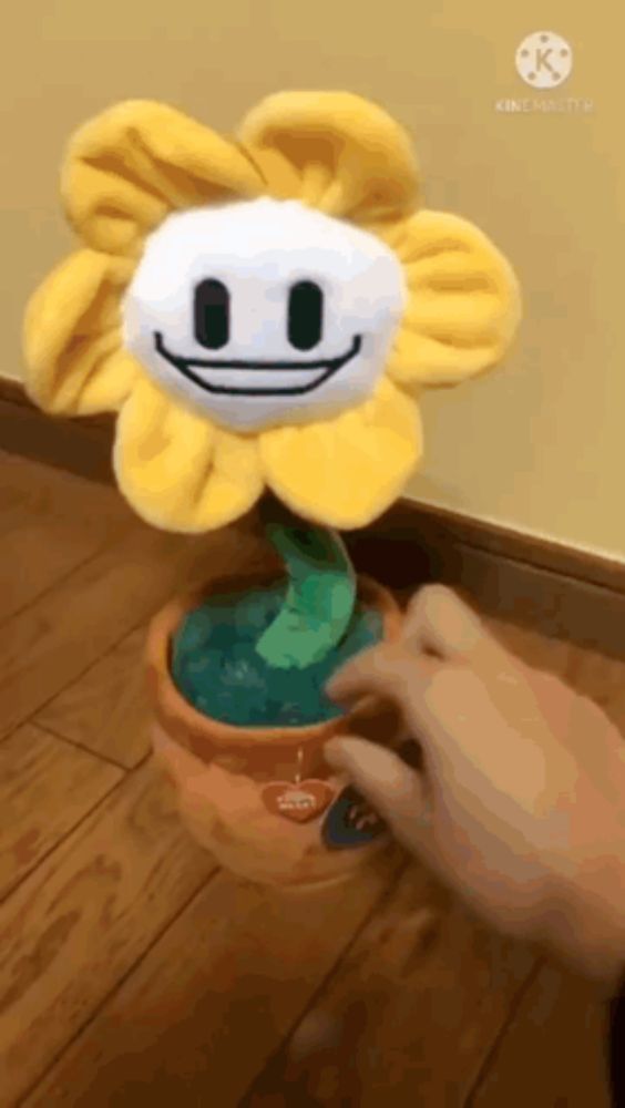 a person is touching a stuffed flower with a smiling face .