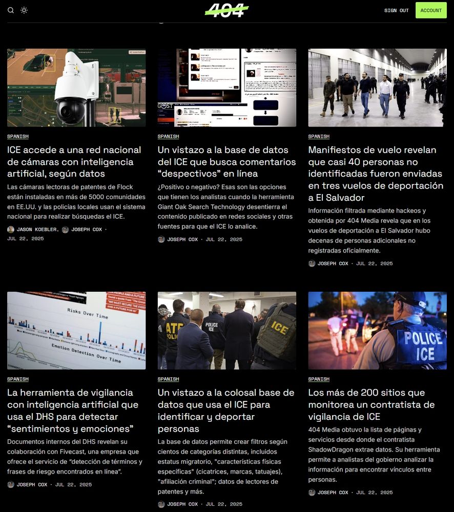 the 404 media homepage with ICE coverage in spanish