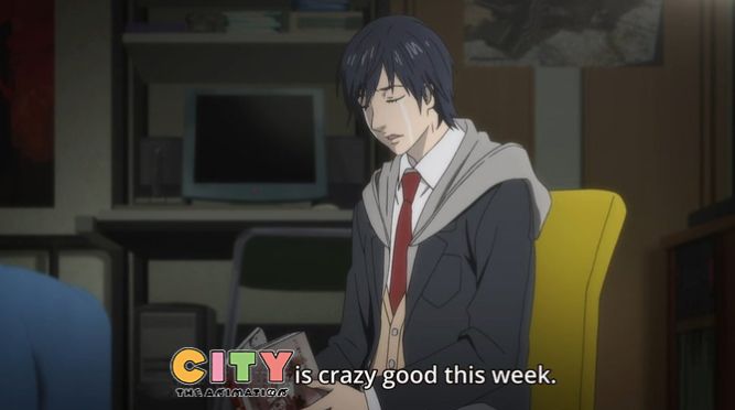 screen grab of the guy going "One Piece was crazy good this week" from Inuyashiki except the subtitle text for One Piece has been replaced with the logo for 2025 summer anime of the season City The Animation