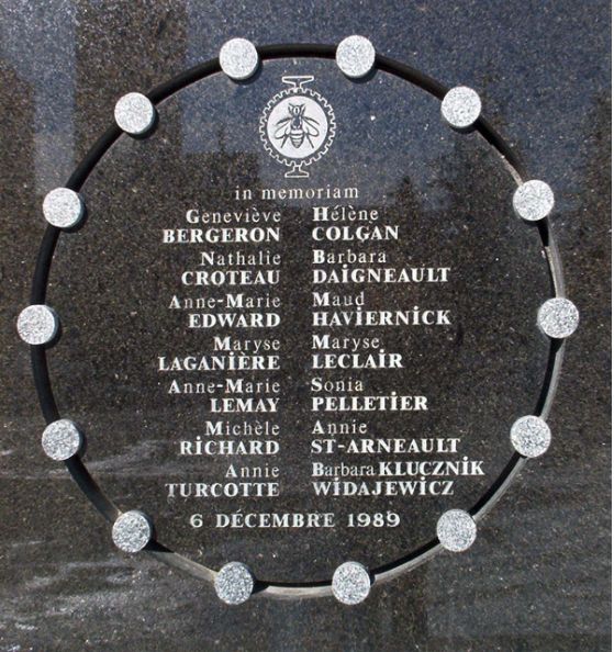 Plaque indicating the names of 14 women who were murdered at Ecole Polytechnique in Montreal on Dec 6, 1989