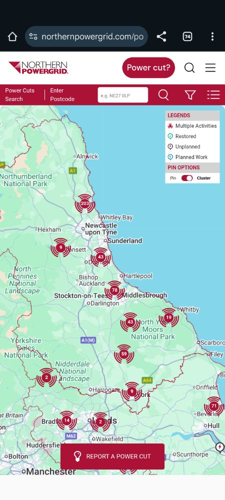 Map showing 203 power cuts in SE Northumberland and many cuts going down as far as Scarborough.