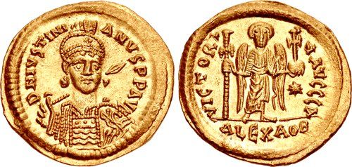 A rare solidus/ὁλοκόττινος minted at Alexandria under Justinian I; source: https://www.cngcoins.com/Coin.aspx?CoinID=325236