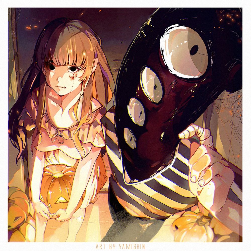 Halloween picture with Oyasumi Punpun. Orange color, pumpkin and spooky art. 