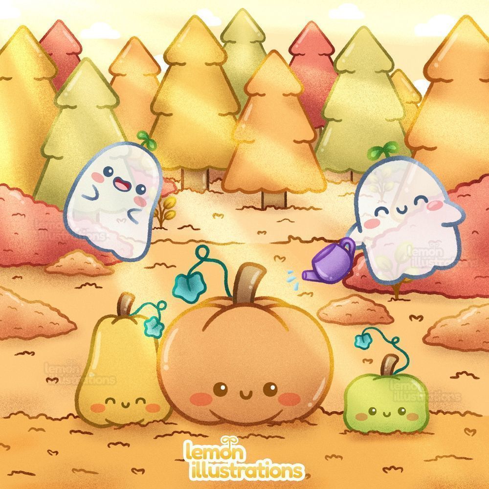 Two ghosts taking care of their three pumpkin friends in the forest. Autumn scenery with orange, red, green and yellow trees. Everyone is smiling and having fun.