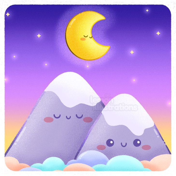 Two purple happy mountains and a sleeping moon with sunset in the background. Stars are shining.