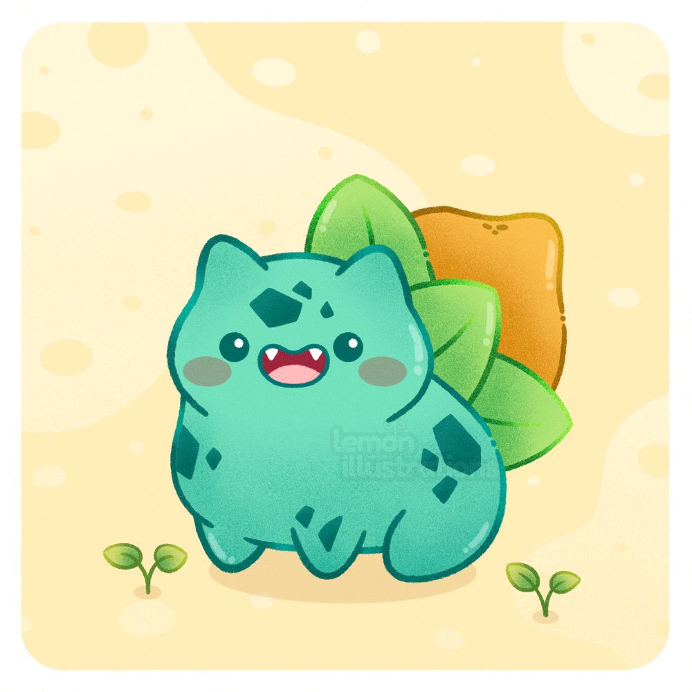 A chubby cute lemon bulbasaur pokemon drawn in my artstyle with a big smile.