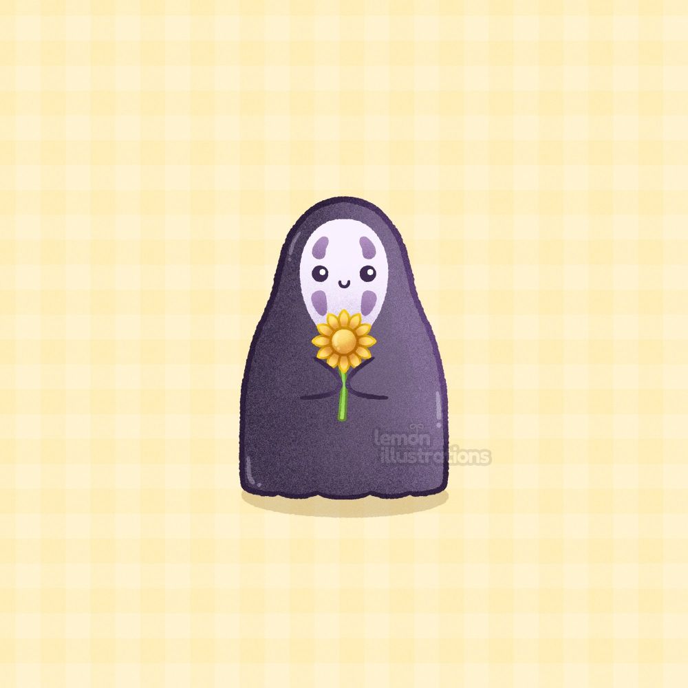 Kaonashi also known as No face in the movie Spirited away is holding a sunflower cause they would like to give it to you. A cute illustration.