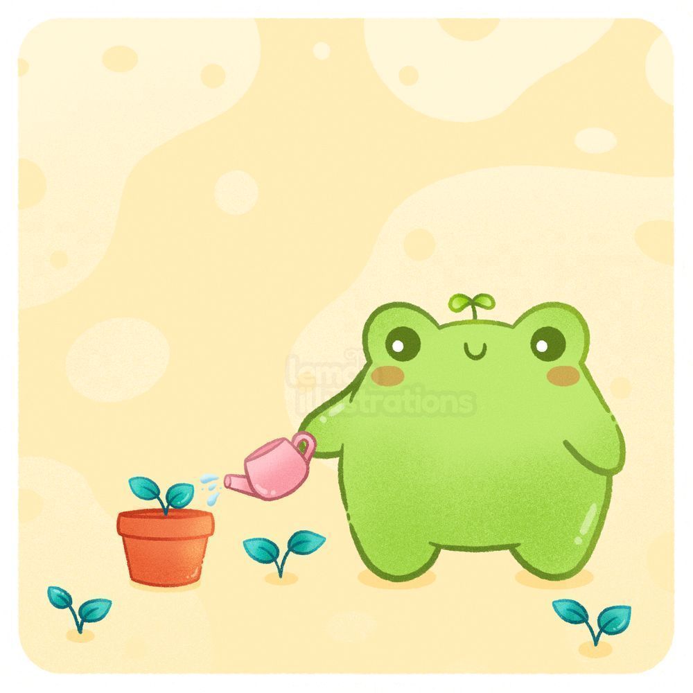 A cute chubby frog watering a potted plant 