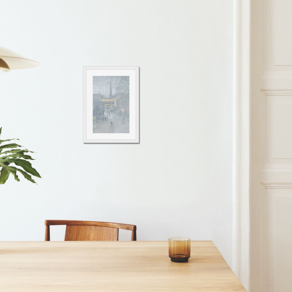 This image is a mockup of “Fragments” hung up on a wall. “Fragments” is an abstract figurative photograph, which uses a portrait orientation. It is encased by a texture which gives the work a fragmented and obscured appearance. The work includes impressions of people and architecture, with a spire being visible near the centre. The work is an everyday scene taken from a city centre on a quiet day with an overcast sky and pedestrians walking along an open walkway.