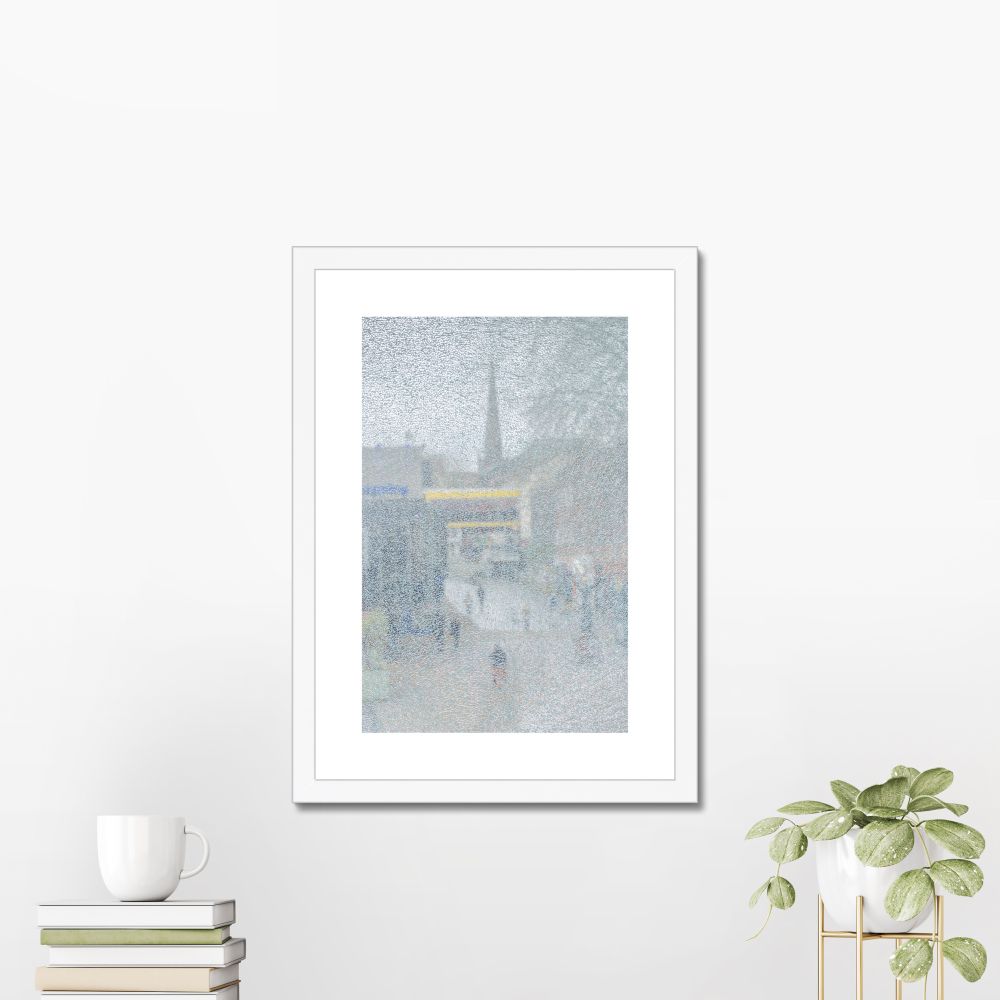 This image is a mockup of “Fragments” hung up on a wall. “Fragments” is an abstract figurative photograph, which uses a portrait orientation. It is encased by a texture which gives the work a fragmented and obscured appearance. The work includes impressions of people and architecture, with a spire being visible near the centre. The work is an everyday scene taken from a city centre on a quiet day with an overcast sky and pedestrians walking along an open walkway.