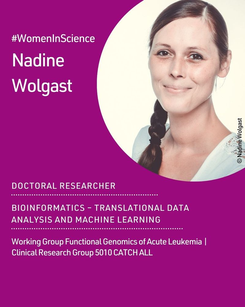 A portrait of a woman. White text, purple background: #WomenInScience. Nadine Wolgast