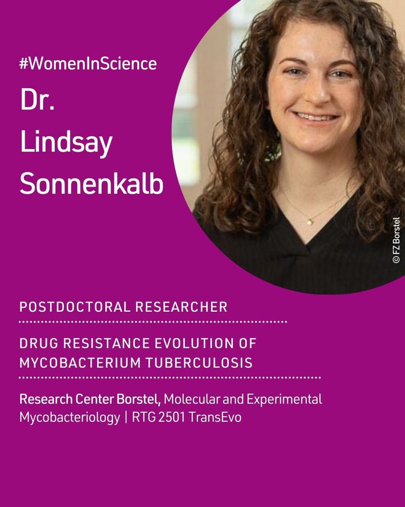 A portrait of a woman. White text, purple background: #WomenInScience. Dr. Lindsay Sonnenkalb 