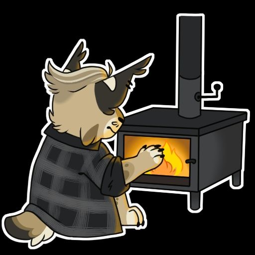 Lynx fursona sitting by a wood burning stove.