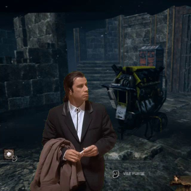 a video game screen shows a man in a suit and tie and a vile purse button