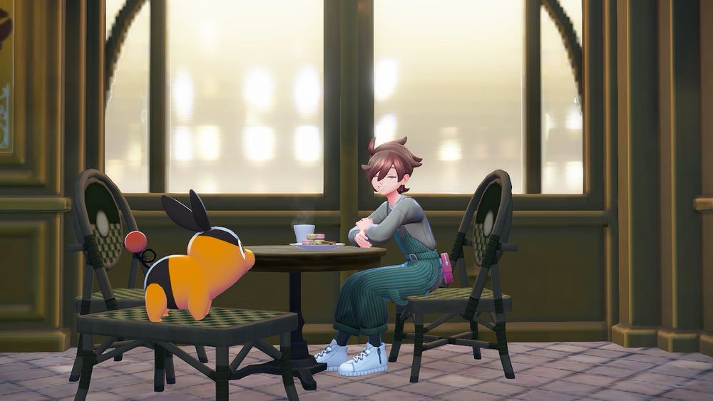 My pokemon za character having a coffee break, smiling, with my tepig 