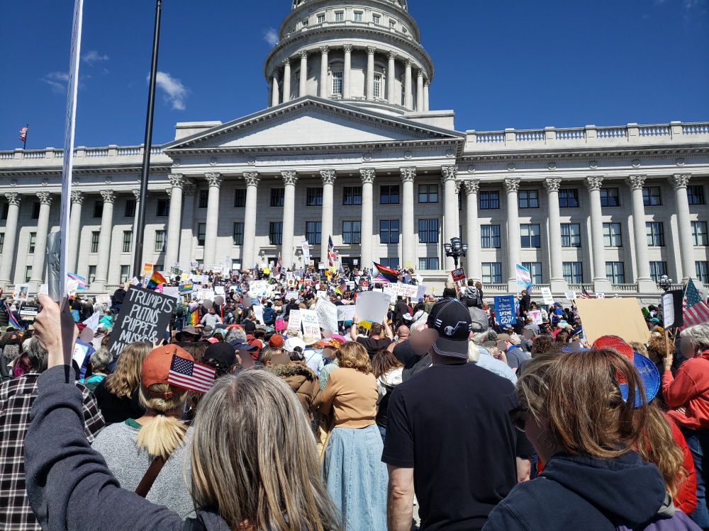 Photo of protestors in front of the Utah State Capitol building