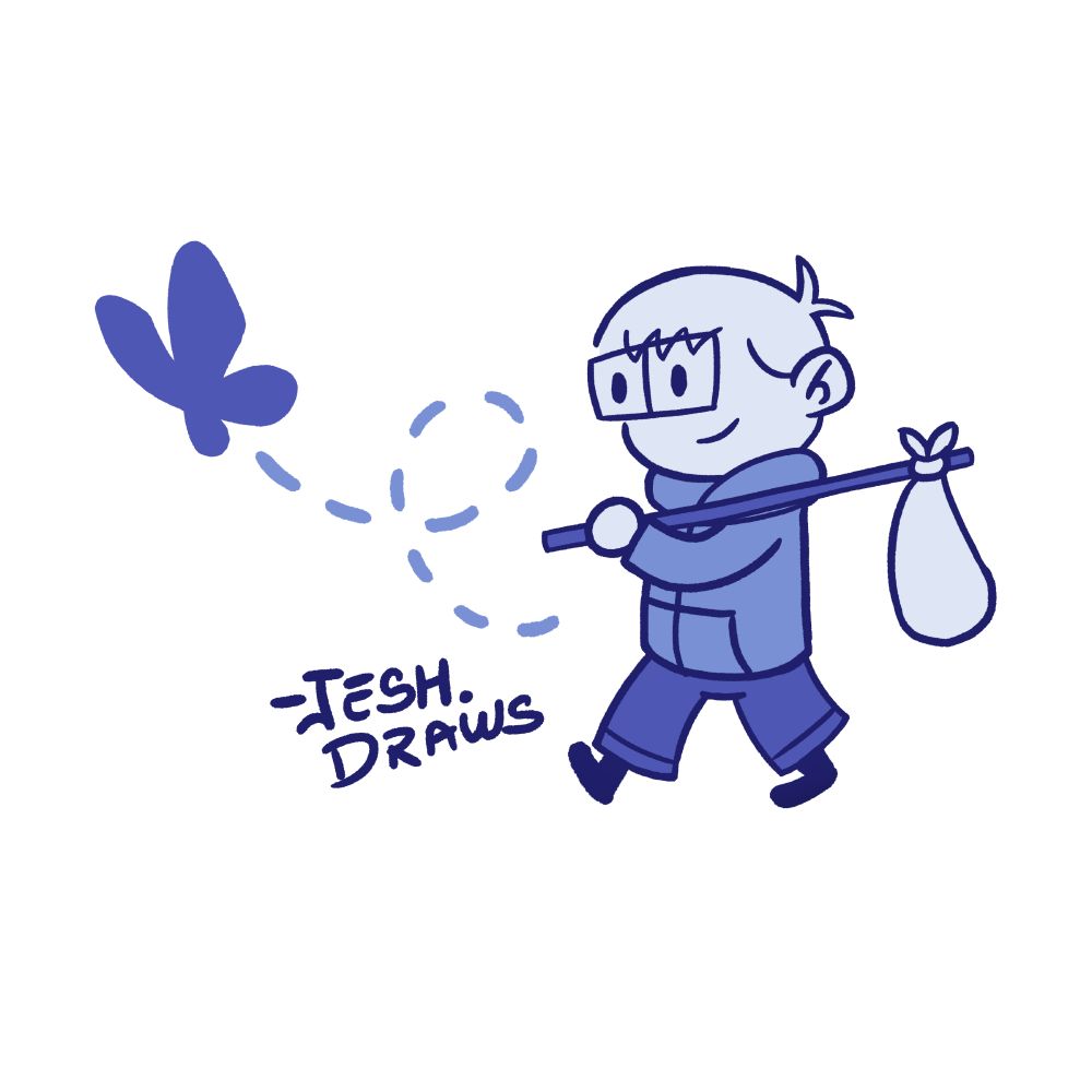 Cartoon of the artist with a bindle following the Bluesky butterfly