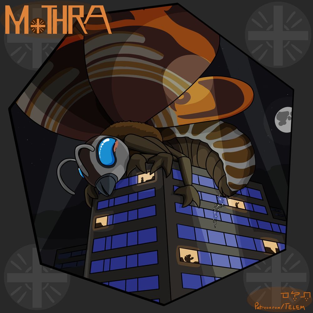 Mothra on top of a building, leaking cum from their penis or bugina