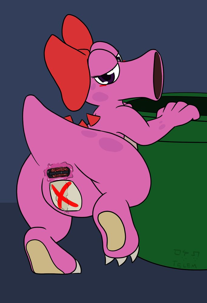 Birdo showing off their ass with a pastie covering their pussy with a red X and a spreader in their anus