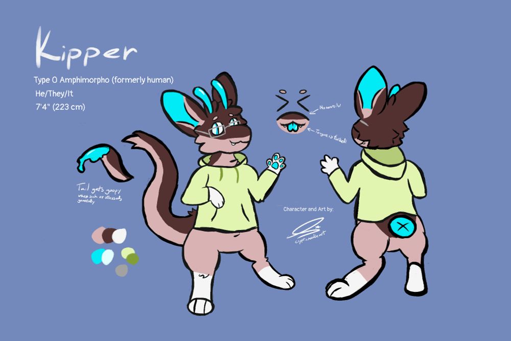 A reference sheet for a brown and tan amphimorpho (noodly alien shapeshifter with cyan accents and antennae. 