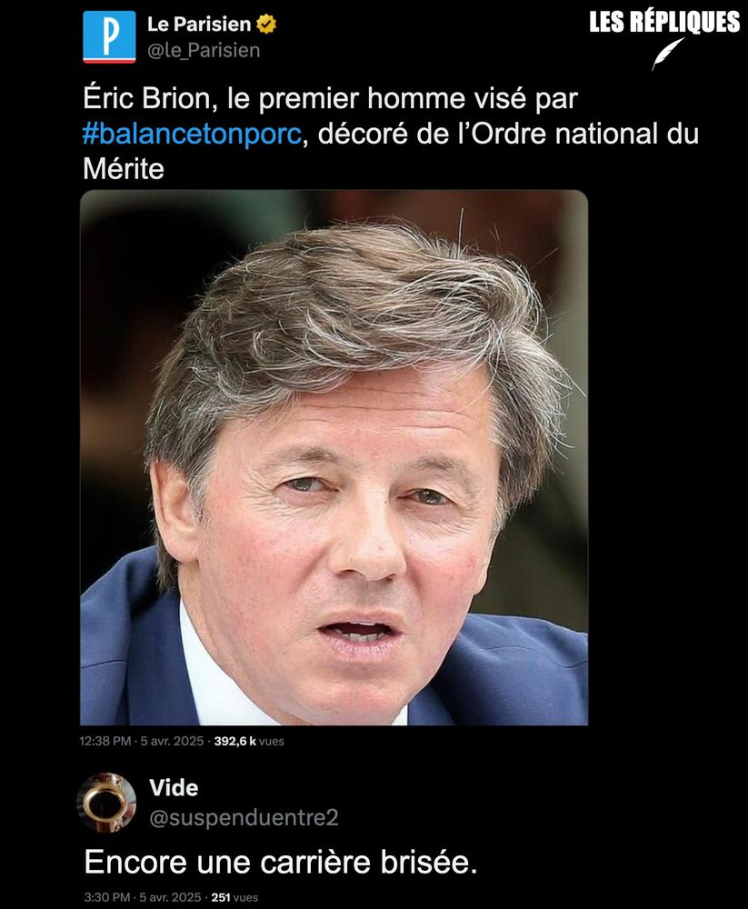 Éric Brion, le premier homme visé par #balancetonporc, décoré de l’Ordre national du Mérite.

"Tu as des gros seins. Tu es mon type de femme. Je vais te faire jouir toute la nuit", rapportait Sandra Muller en 2017, accusant Éric Brion (ex-patron de Équidia), le premier homme publiquement visé par le hashtag #balancetonporc

Réplique de Vide : "Encore une carrière brisée."