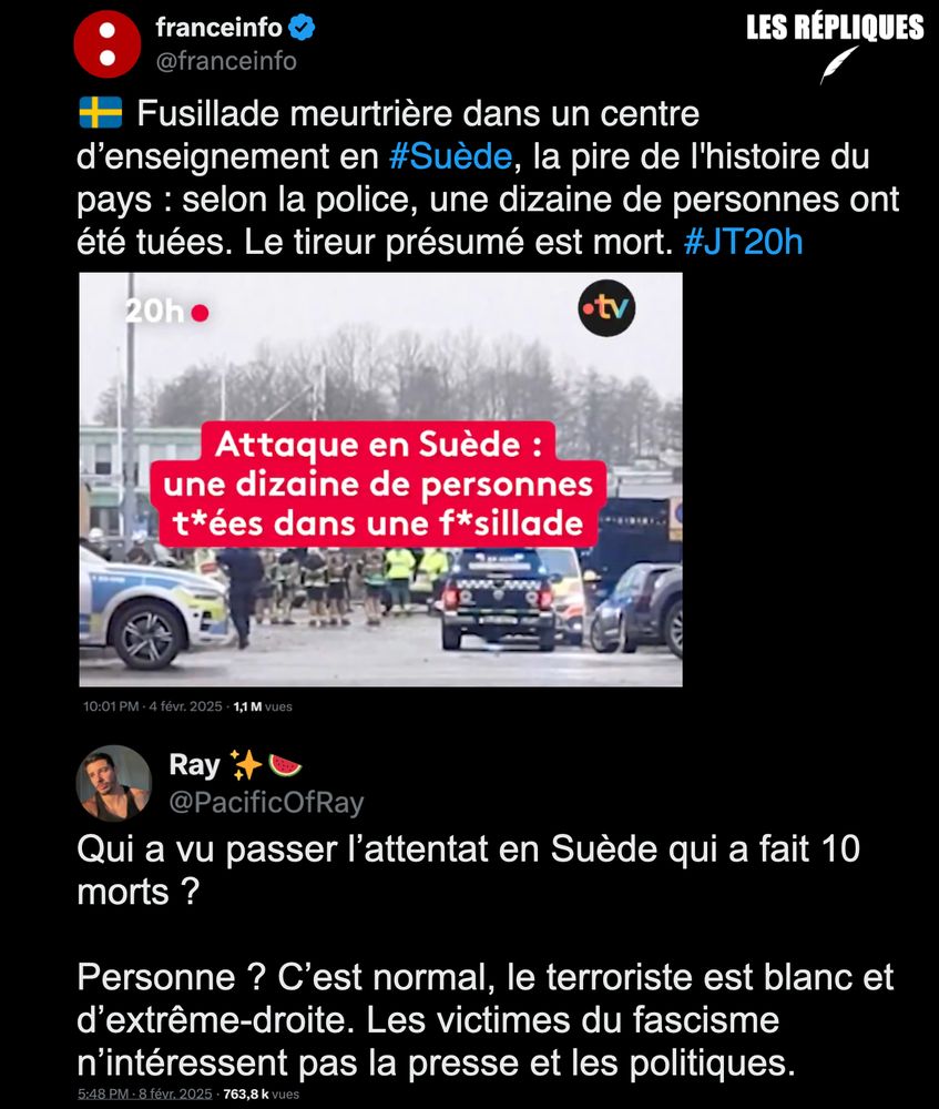 France Info : Fusillade meurtrière dans un centre d’enseignement en #Suède, la pire de l'histoire du pays : selon la police, une dizaine de personnes ont été tuées. Le tireur présumé est mort. #JT20h

Réplique de Ray : "Qui a vu passer l’attentat en Suède qui a fait 10 morts ?

Personne ? C’est normal, le terroriste est blanc et d’extrême-droite. Les victimes du fascisme n’intéressent pas la presse et les politiques."