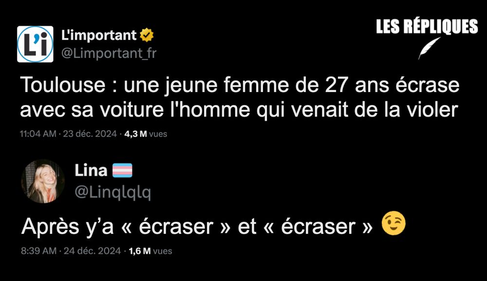 Toulouse : une jeune femme de 27 ans écrase avec sa voiture l'homme qui venait de la violer.

Réplique de Lina : "Après y’a « écraser » et « écraser »"