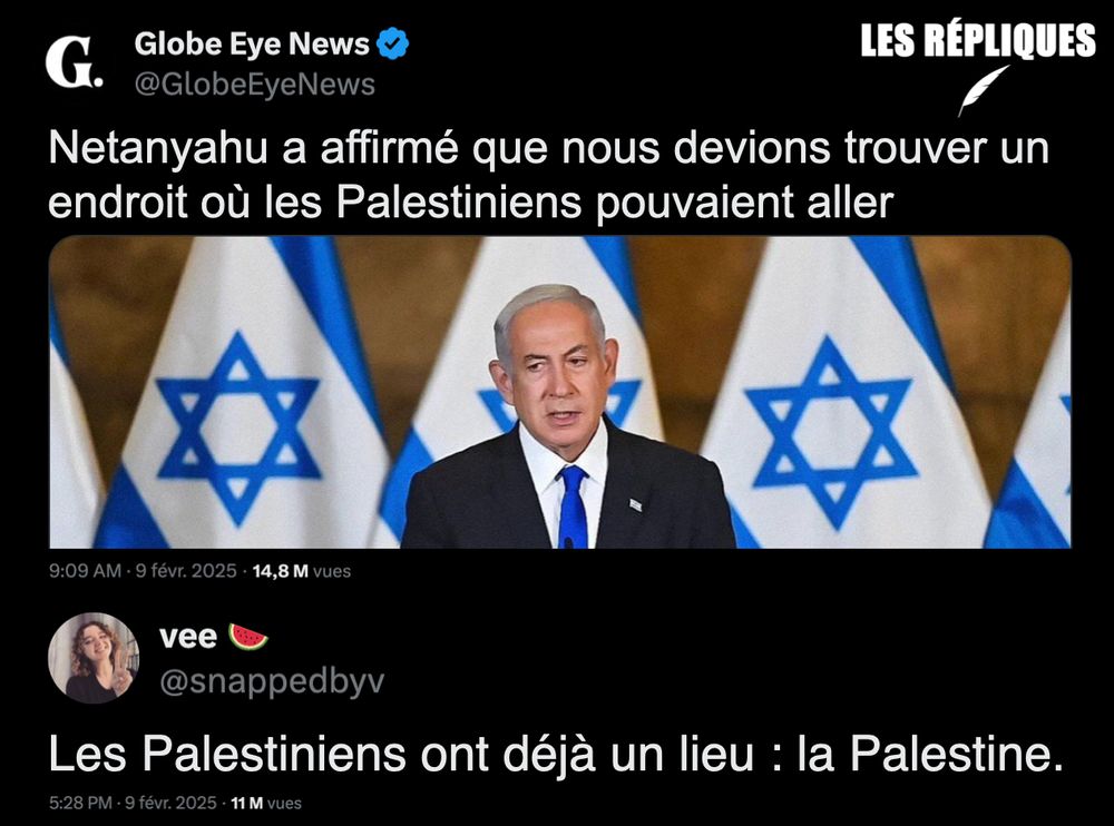 En accord avec le plan fasciste de déportation de la population Palestinienne du président américain Donald Trump, le Premier ministre israélien Benyamin Netanyahu souhaite également trouver un endroit où les Palestiniens de Gaza puissent habiter.

Réplique de Vee : "Les Palestiniens ont déjà un lieu : la Palestine."