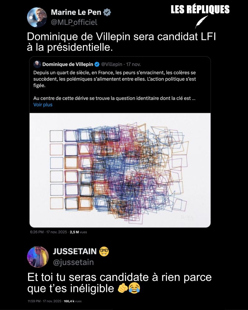 Citant l'ancien Premier ministre Villepin, la députée d'extrême droite RN Marine Le Pen affirme qu'il sera "candidat LFI à la présidentielle".

Réplique de Jussetain : Et toi tu seras candidate à rien parce que t’es inéligible 🫵😂