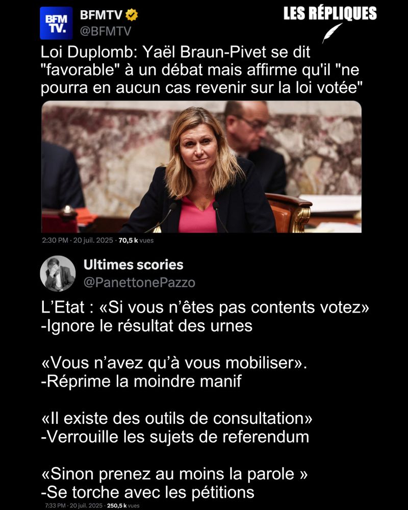 Pour la première fois sous la Ve République, une pétition franchit le cap du million de signatures. Elle en rassemble aujourd’hui plus de 1,5 million. Pourtant, pas de retour sur la loi Duplomb, prévient Yaël-Braun Pivet.

Réplique de Ultimes Scories : L’Etat : «Si vous n’êtes pas contents votez»
-Ignore le résultat des urnes

«Vous n’avez qu’à vous mobiliser».
-Réprime la moindre manif

«Il existe des outils de consultation»
-Verrouille les sujets de referendum

«Sinon prenez au moins la parole »
-Se torche avec les pétitions