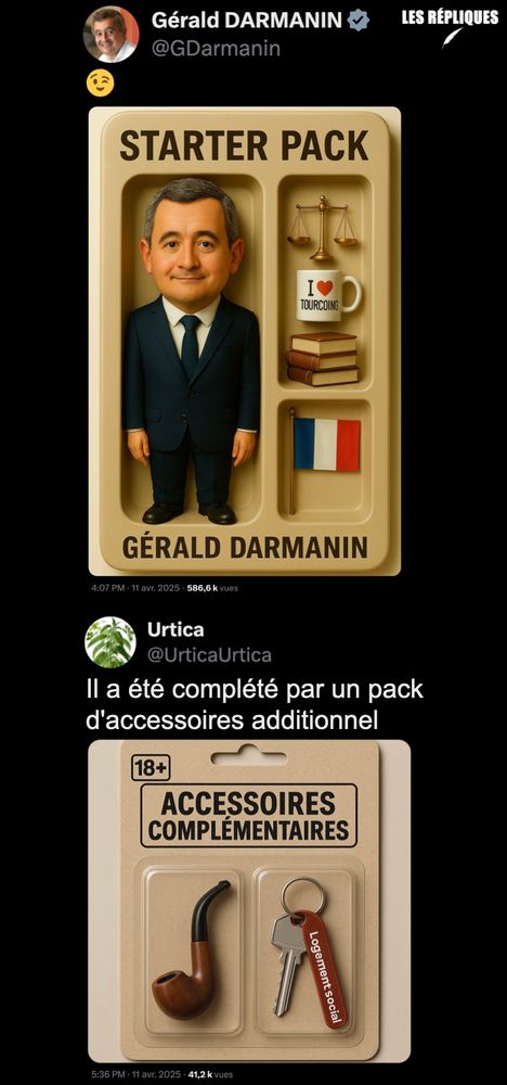 Les starter packs : c'est la nouvelle tendance sur les réseaux. Le principe ? Nous transformer en petite figurine de collection grâce à l’intelligence artificielle et avec généralement 3 objets qui nous représentent le plus. Le ministre de la Justice Gérald Darmanin a publié le sien.
