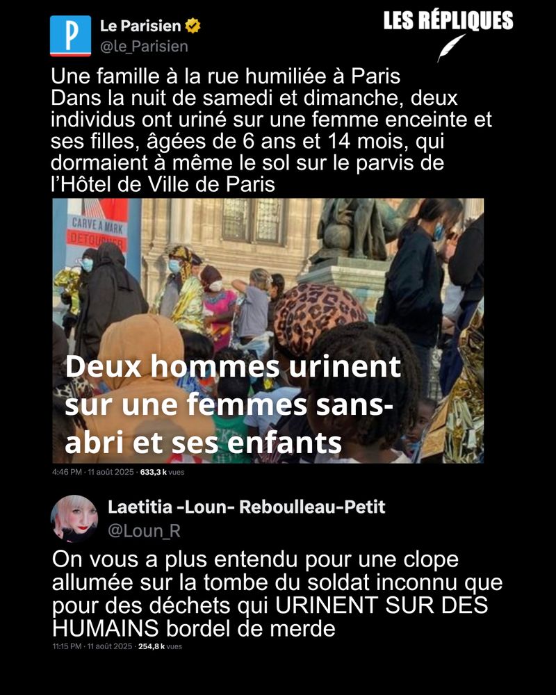 « Depuis, ma fille n’arrive pas à dormir. Elle dit qu’on va revenir lui pisser dessus, elle n’arrête pas de pleurer et d’autres enfants se moquent d’elle » témoigne cette mère de famille, après que deux hommes ont uriné sur elle et ses enfants en pleine nuit à Paris

Réplique LounR : On vous a plus entendu pour une clope allumée sur la tombe du soldat inconnu que pour des déchets qui URINENT SUR DES HUMAINS bordel de merde