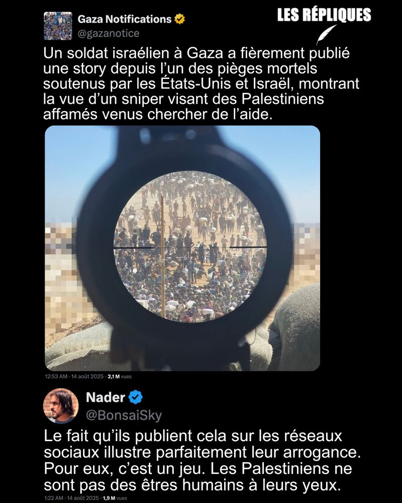 Une photo publiée sur Instagram par un soldat israélien suscite une vague de consternation et d’indignation. L’image, largement relayée sur les réseaux sociaux, interroge sur les méthodes et l’impunité de l’armée israélienne en territoire occupé.

Réplique de Nader : Le fait qu’ils publient cela sur les réseaux sociaux illustre parfaitement leur arrogance. Pour eux, c’est un jeu. Les Palestiniens ne sont pas des êtres humains à leurs yeux.