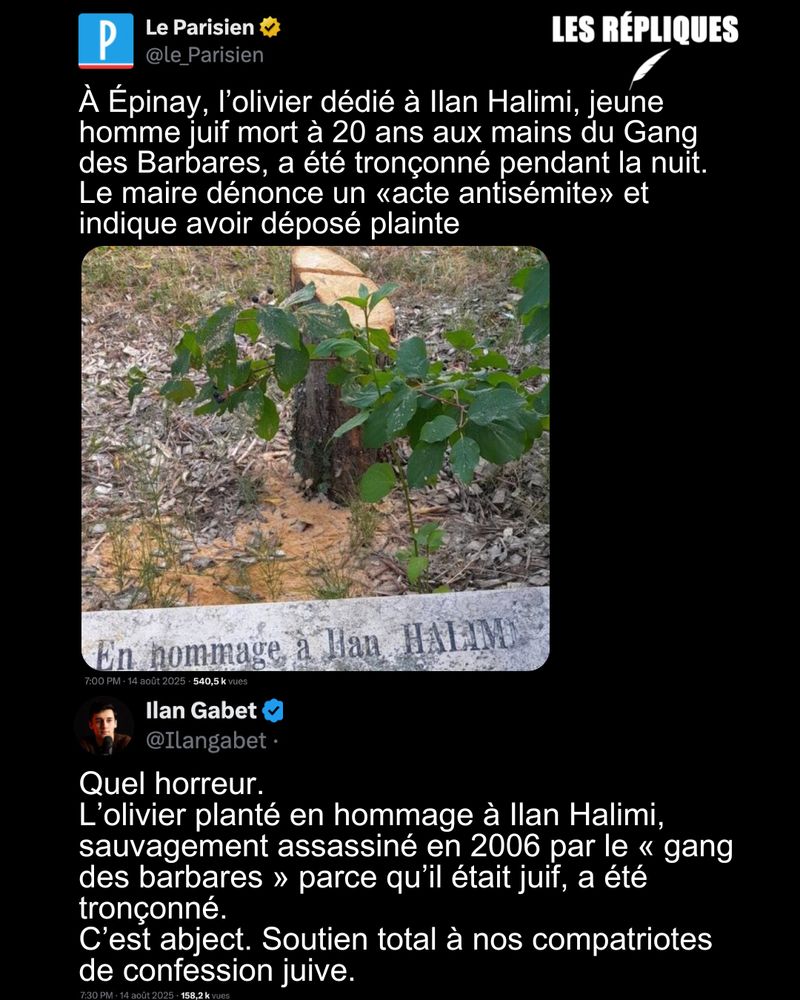 "Abattre l’arbre rendant hommage à Ilan Halimi, c’est chercher à le tuer une deuxième fois" a déclaré le président Macron après la découverte de l'olivier planté en sa mémoire, coupé dans la nuit du mercredi au jeudi 14.

Réplique de Ilan Gabet : Quel horreur.
L’olivier planté en hommage à Ilan Halimi, sauvagement assassiné en 2006 par le « gang des barbares » parce qu’il était juif, a été tronçonné.
C’est abject. Soutien total à nos compatriotes de confession juive.