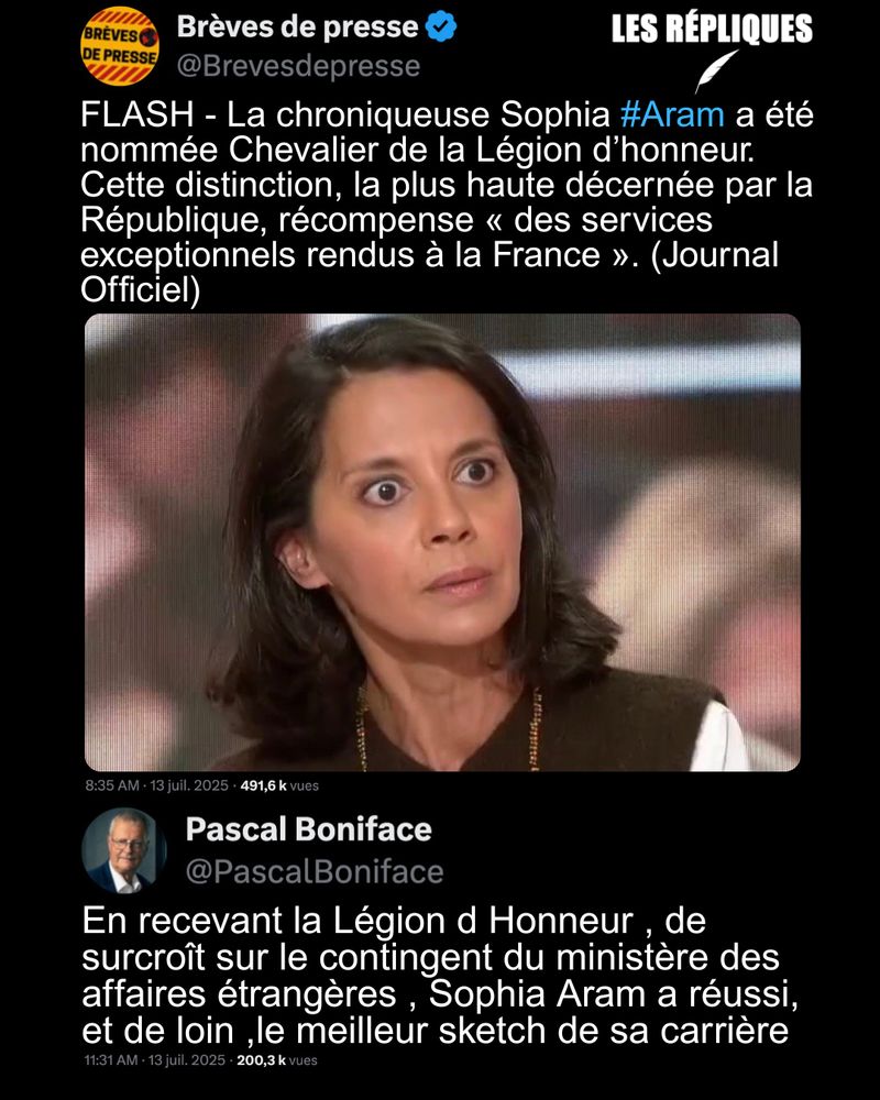 La chroniqueuse et humoriste Sophia Aram figure parmi les personnalités qui seront décorées de la Légion d’honneur ce 14 Juillet.

Réplique de Pascal Boniface : En recevant la Légion d Honneur , de surcroît sur le contingent du ministère des affaires étrangères , Sophia Aram a réussi, et de loin ,le meilleur sketch de sa carrière