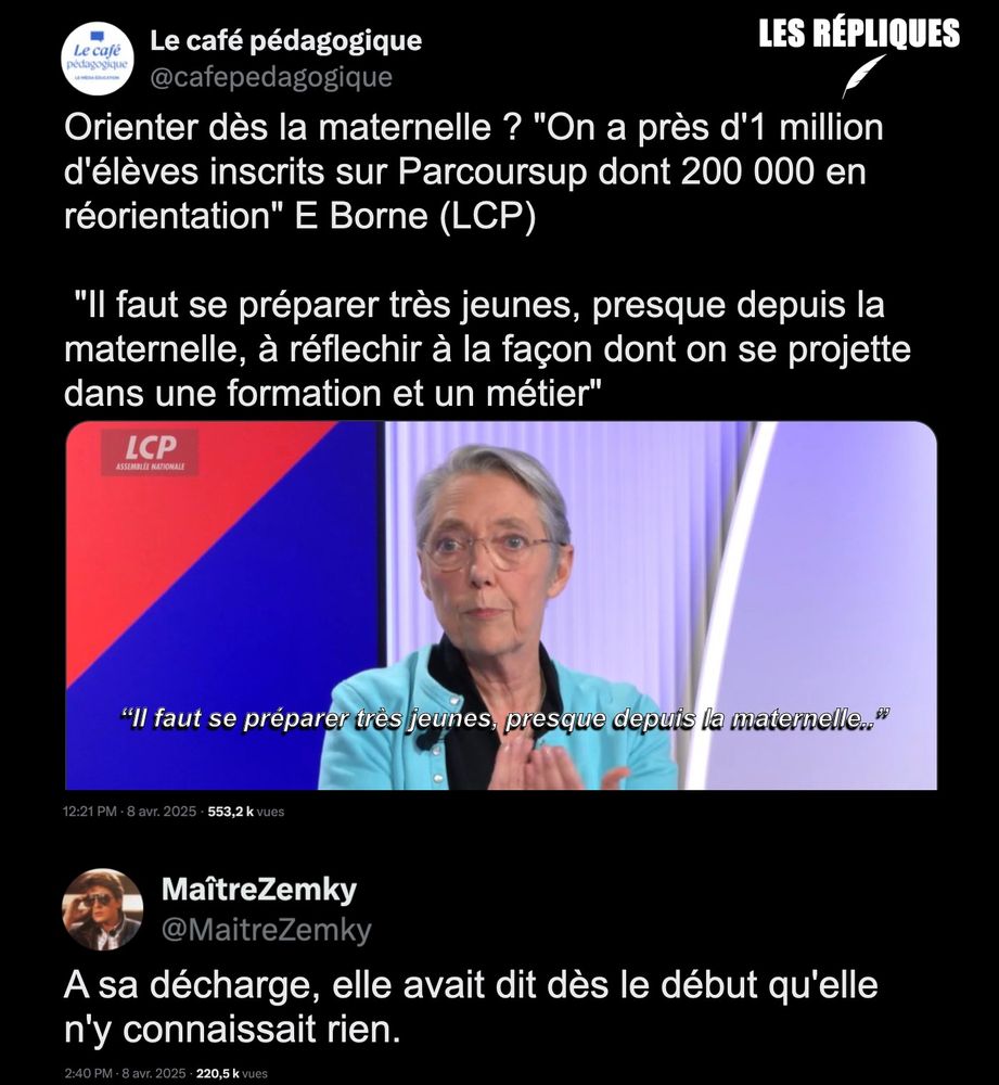 Formation et métier : selon la ministre de l'Education nationale Elisabeth Borne
la préparation doit se faire "très jeune, presque depuis la maternelle".

Réplique de Maître Zemky : "A sa décharge, elle avait dit dès le début qu'elle n'y connaissait rien."
