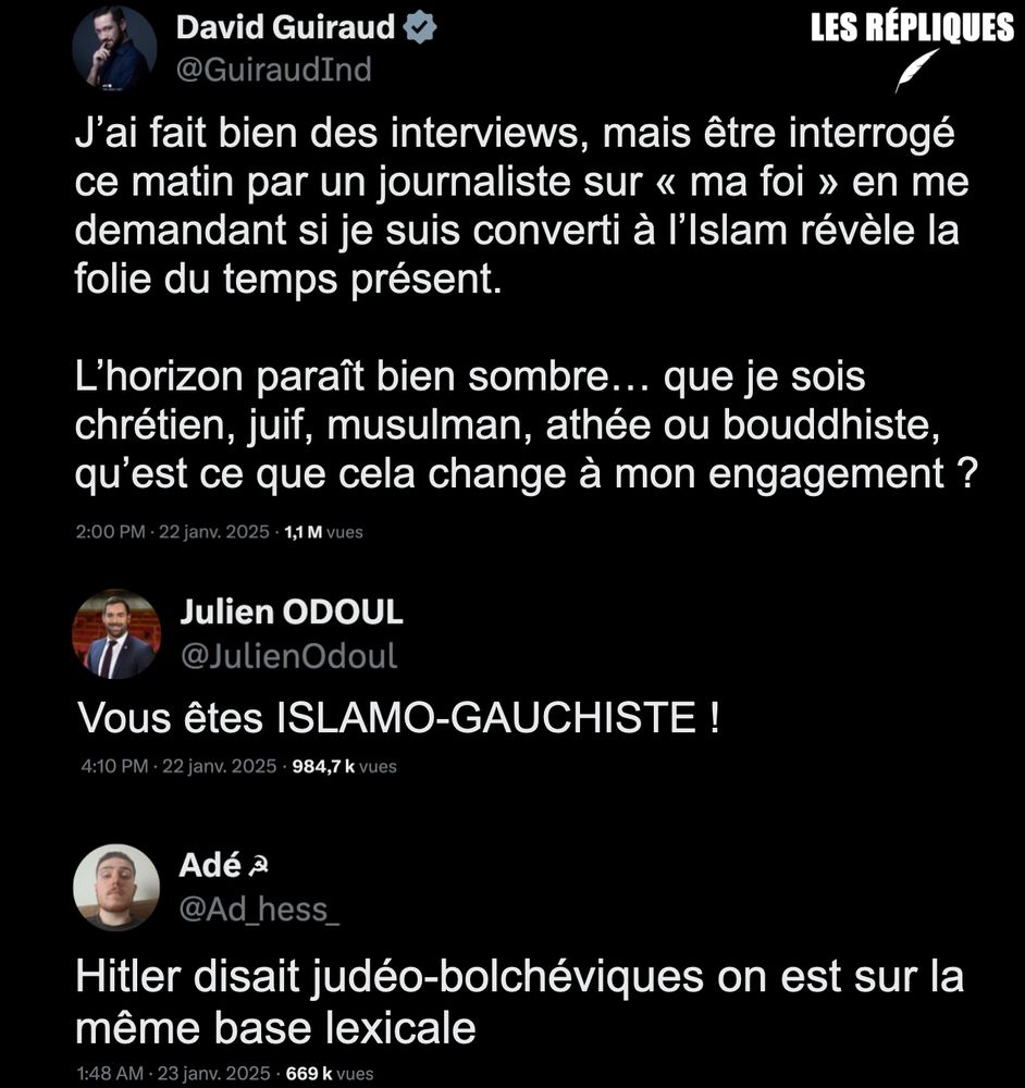 Sidéré, le député LFI David Guiraud révèle avoir été interviewé par un journaliste qui lui a demandé s'il s'était converti à l'islam. "Vous êtes ISLAMO-GAUCHISTE !" lui a répondu le député RN Julien Odoul.

Réplique de Adé à Julien Odoul : "Hitler disait judéo-bolchéviques on est sur la même base lexicale"
